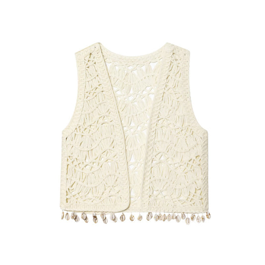 Vera | Crochet Sleeveless Cardigan Cream Tassel Open Knit