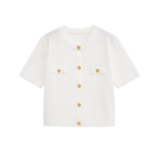 Ayla | Summer Knitted Cardigan Yellow Short Sleeve Cropped Gold Button