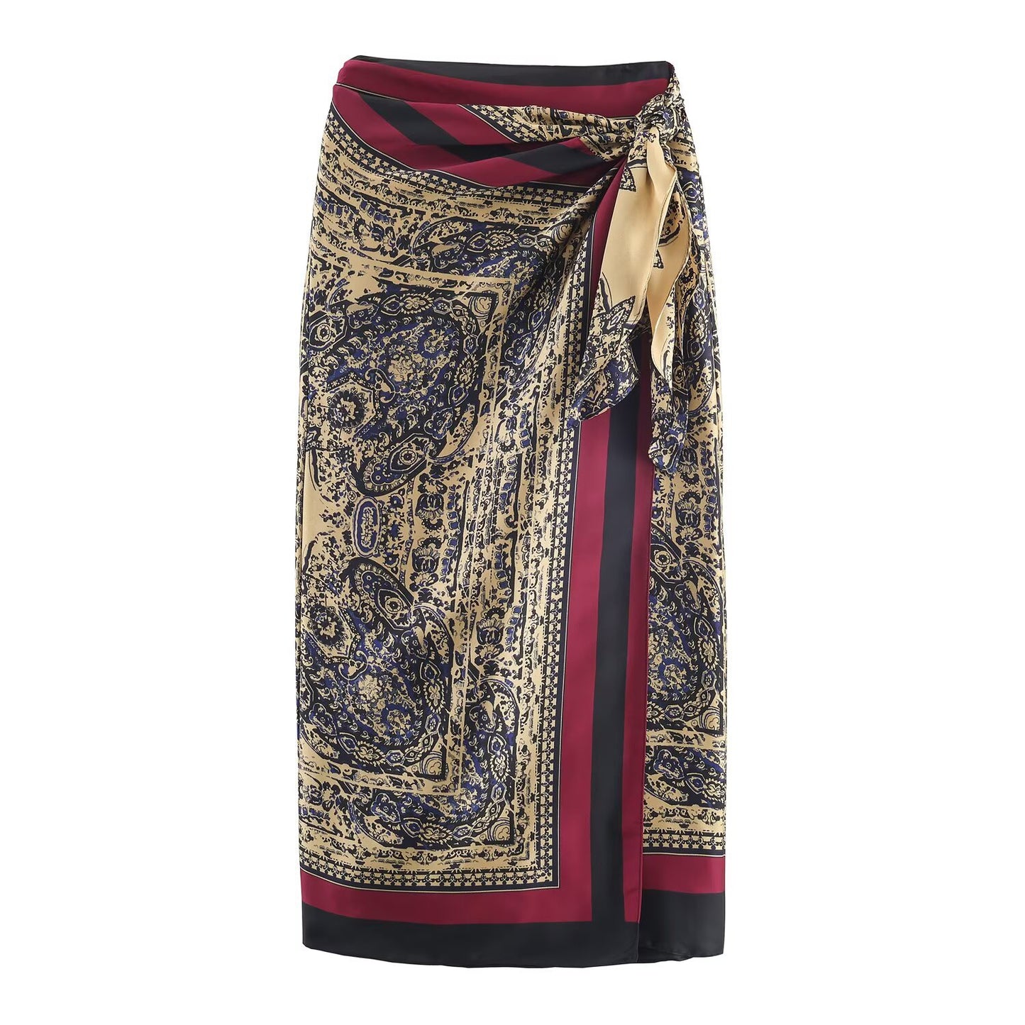 Noa | Summer Wrap Maxi Skirt Navy Printed Satin Tie