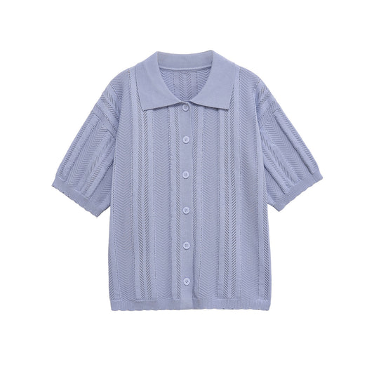 Florence | Delicate Textured Knit Short Sleeve Polo Top