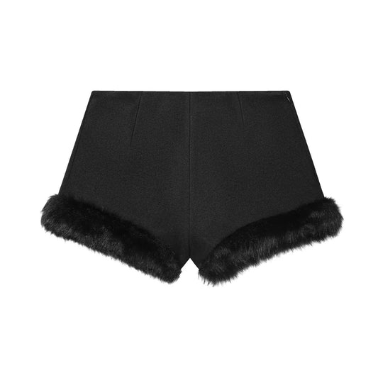 Paloma | Faux Fur Trim Tailored Shorts Black High Waisted
