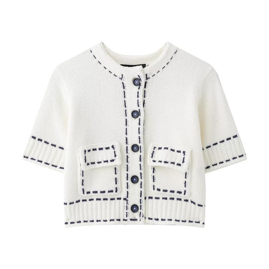 Margot | Cropped Blouse White Short Sleeve Button Front Contrast Stitch