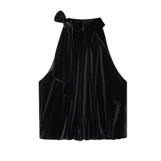 Hazel | Elegant Velvet Top Black Halter Neck Tie Sleeveless