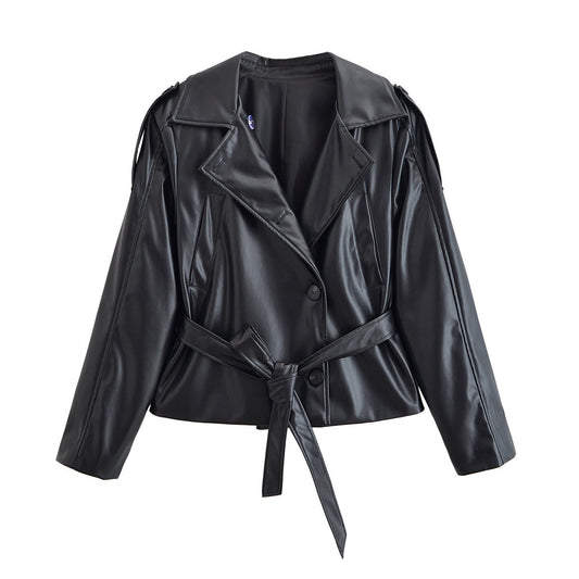 Vera | Belted Faux Leather Jacket Black Long Sleeve Fitted