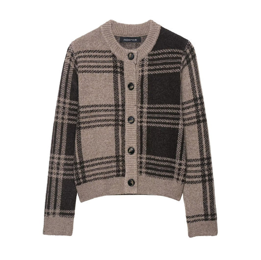 Remi | Check Cardigan Beige Grey Long Sleeve Button Front Knitted