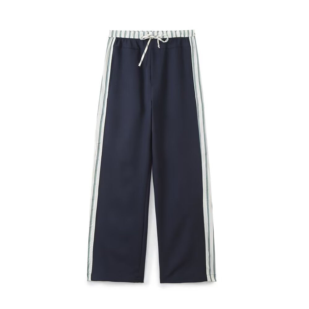 Kira | Casual Wide Leg Joggers Navy White Stripe