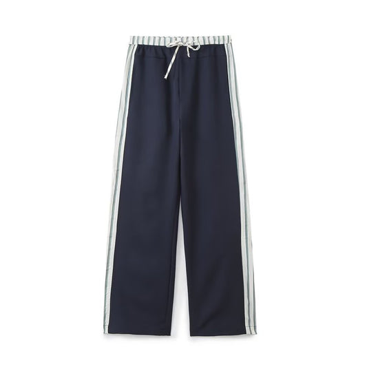Kira | Casual Wide Leg Joggers Navy White Stripe