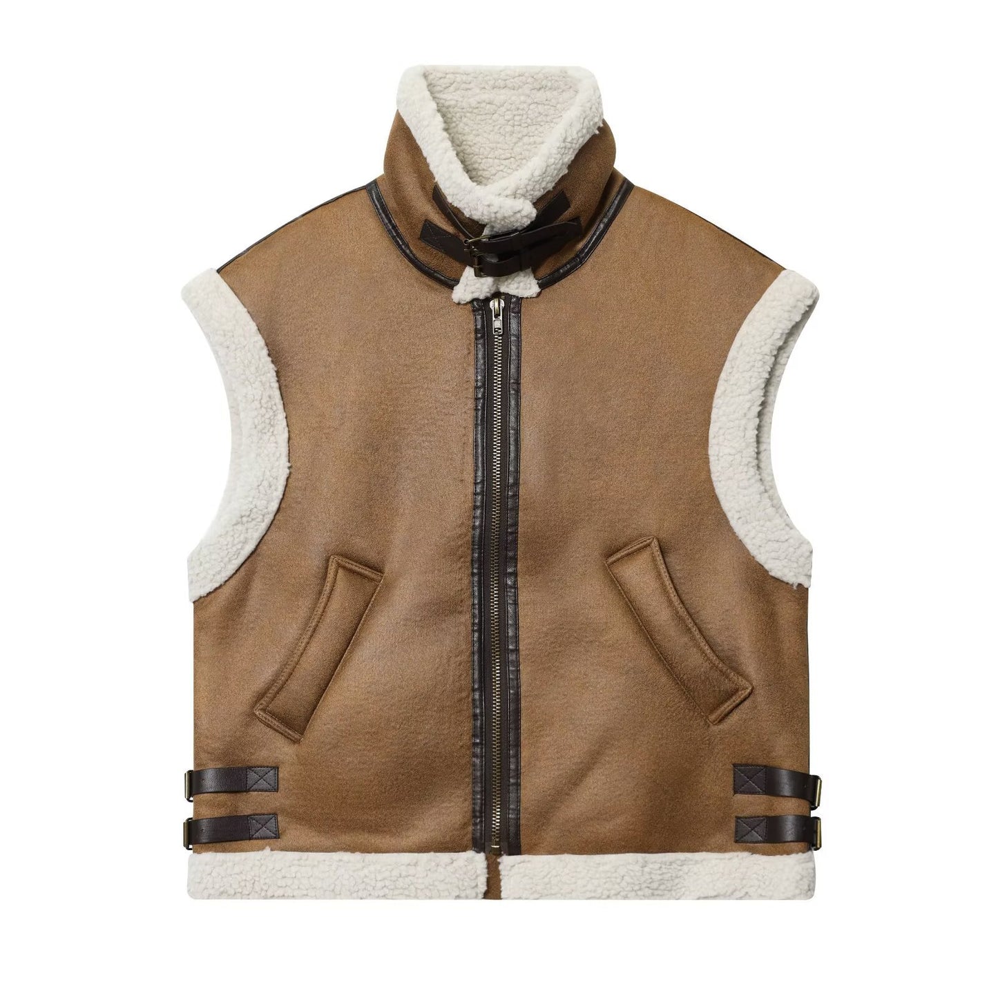 Margot | Sherpa Lined Vest Brown Cream Sleeveless Zip Up