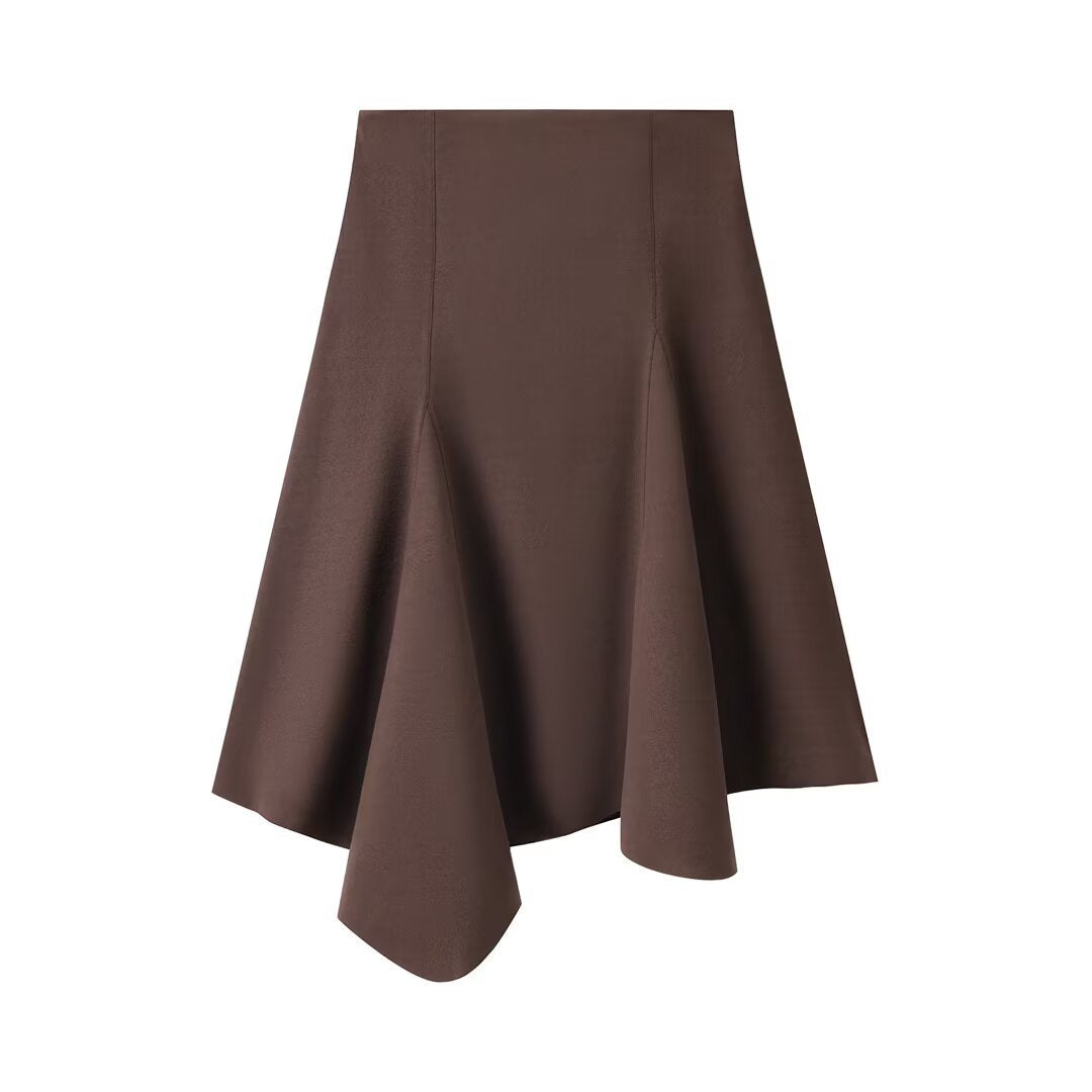 Neve | A Line Midi Skirt Brown Asymmetric Hem