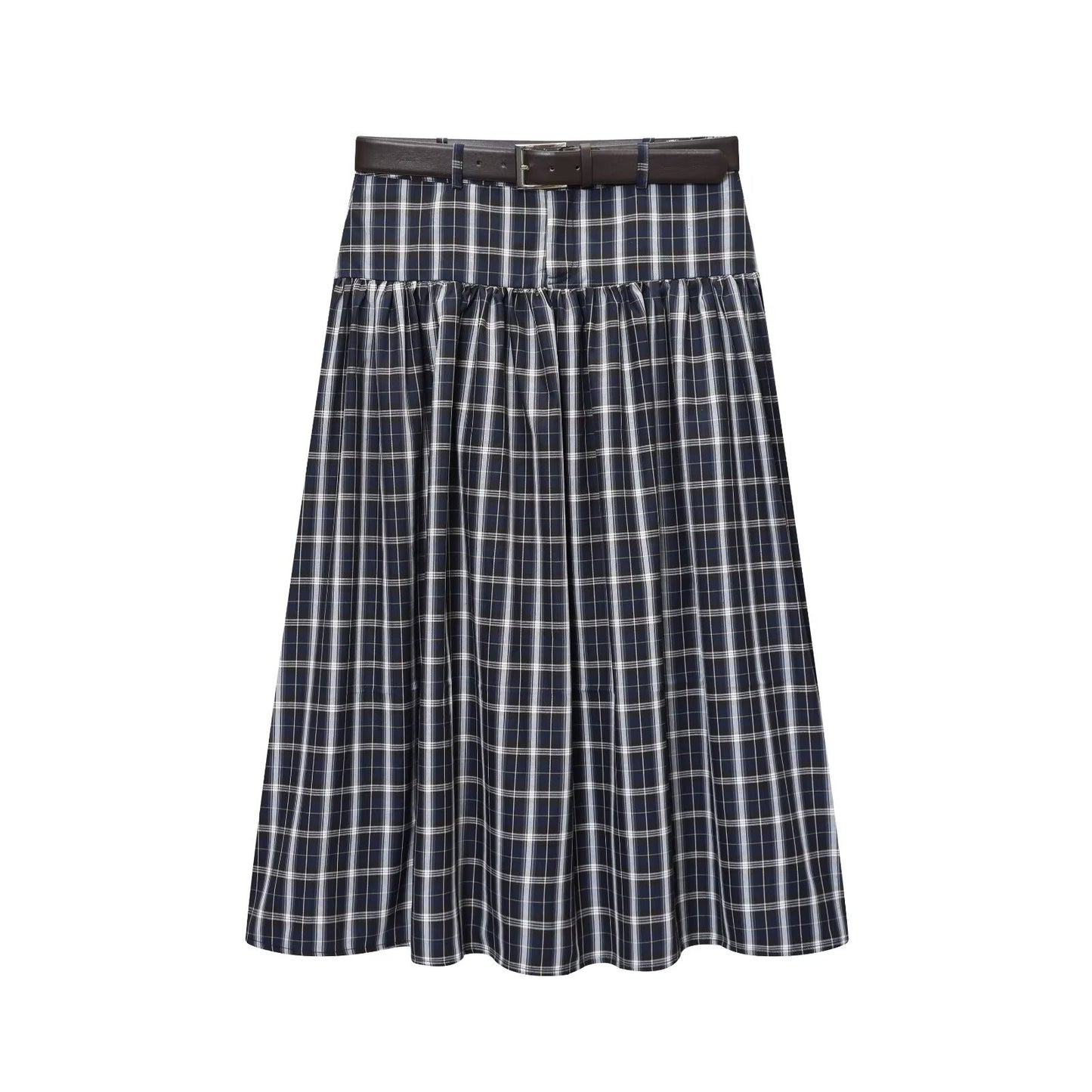 Willa | Midi Skirt Navy Check Pleated Belted Tiered A Line