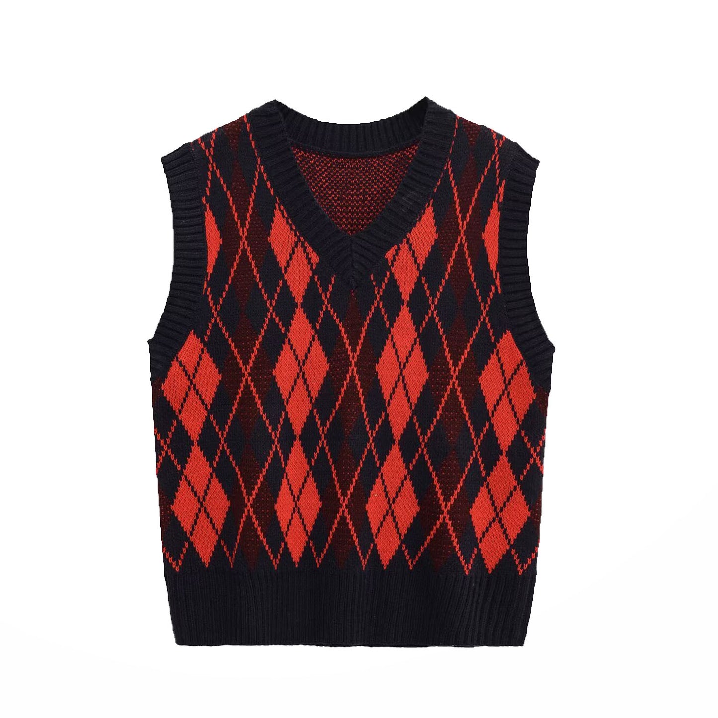 Sia | Knitted Vest Red Argyle Sleeveless V Neck