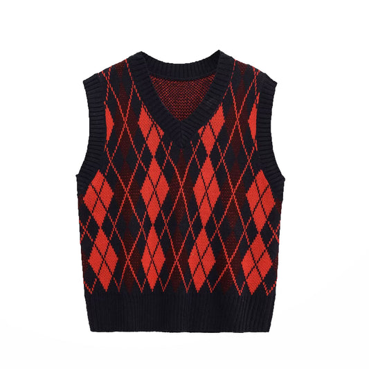 Margot | Preppy Argyle Sweater Vest Red Black V Neck