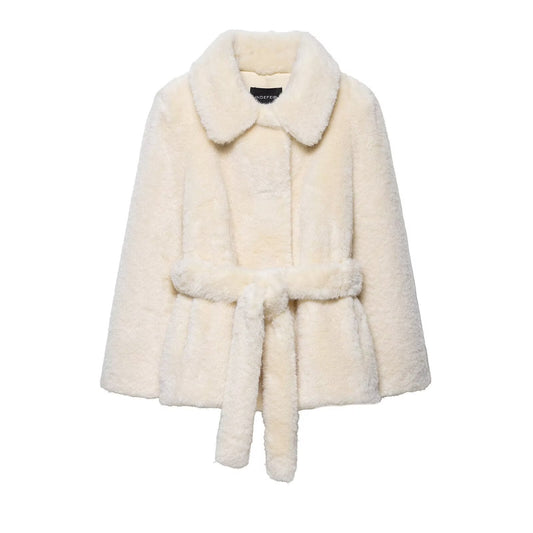 Stella | Belted Faux Fur Coat Cream Long Sleeve