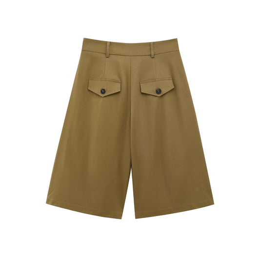 Aria | Smart Casual Tailored Shorts Khaki High Waisted Pleated Wide Leg