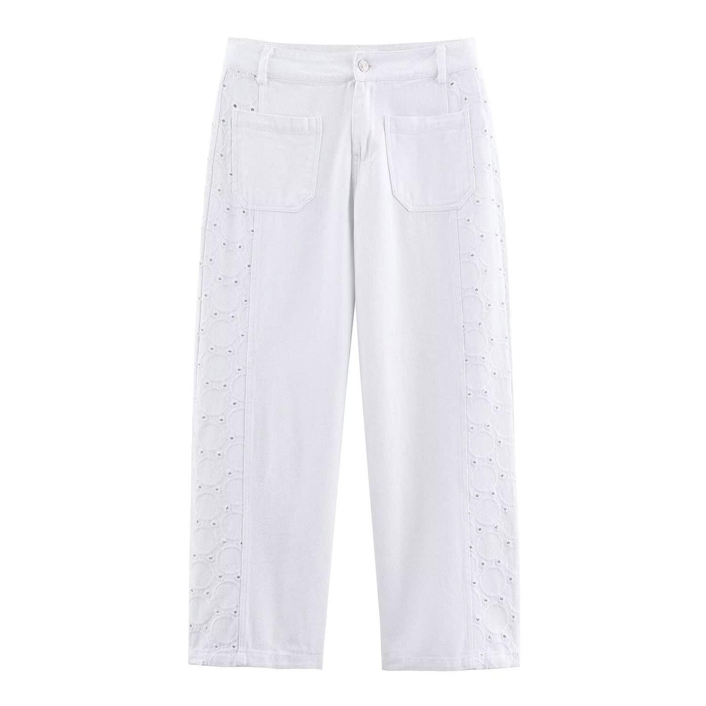 Margot | White Wide Leg Jeans Eyelet Detail High Waisted