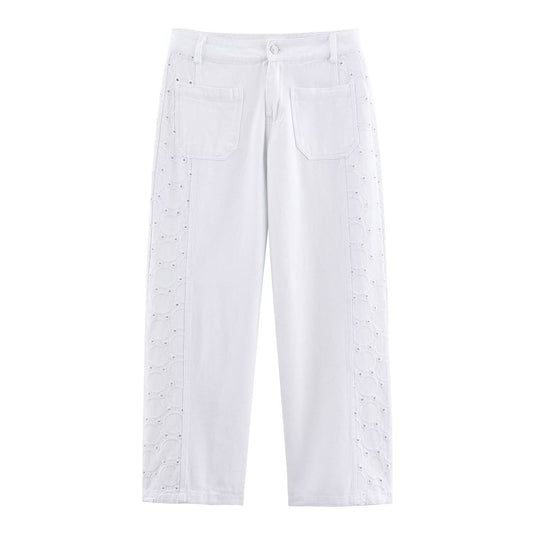 Margot | White Wide Leg Jeans Eyelet Detail High Waisted