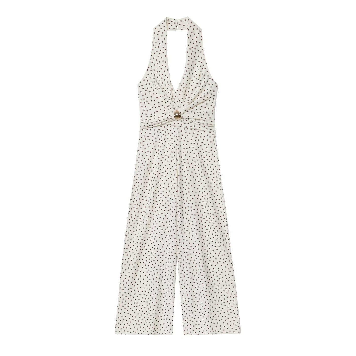 Tess | Elegant Polka Dot Halter Neck Jumpsuit Cream Wide Leg