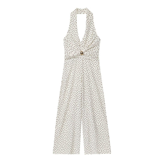 Tess | Elegant Polka Dot Halter Neck Jumpsuit Cream Wide Leg