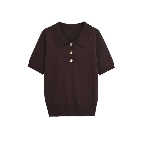 Chloe | Brown Delicate Knit Short Sleeve Polo with Flower Buttons