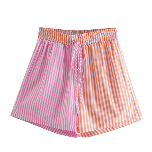 Vera | Striped Linen Shorts Pink Orange Tie Waist