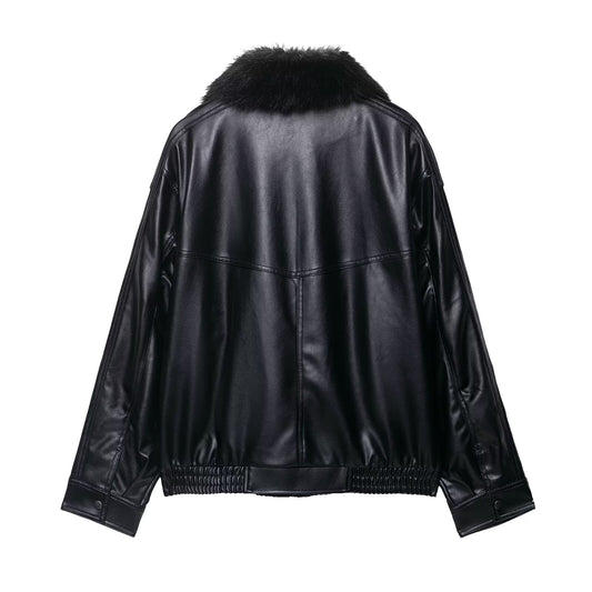 Margot | Faux Leather Bomber Jacket Black Faux Fur Collar