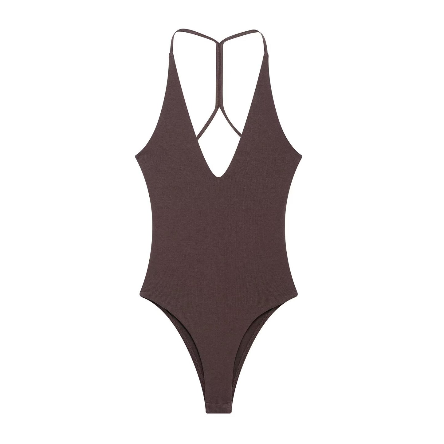 Maren | Elegant Strappy V Neck Bodysuit Brown Black