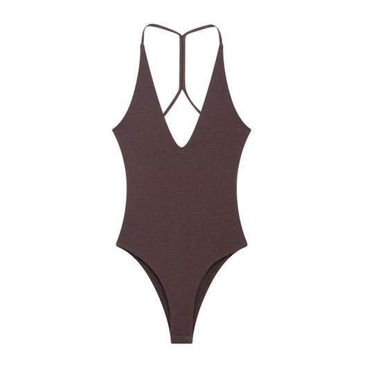 Maren | Elegant Strappy V Neck Bodysuit Brown Black