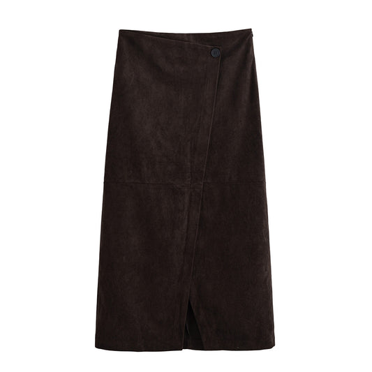 Margot | Suede Wrap Midi Skirt Brown Button Front