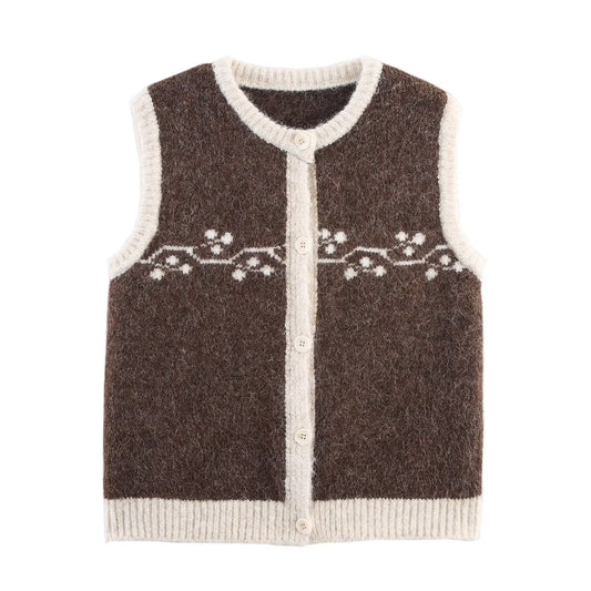 Greta | Sleeveless Cable Knit Cardigan Gray Cream Button Front