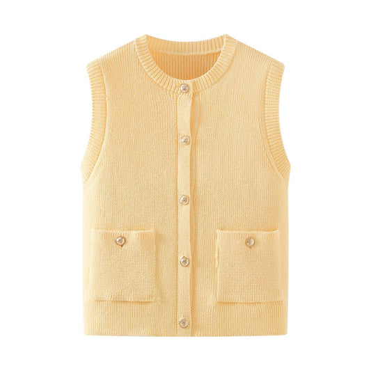 Faye | Sleeveless Ribbed Cardigan Cream Button Front Pockets