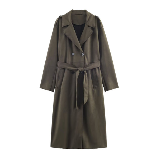 Thea | Longline Trench Coat Olive Double Breasted