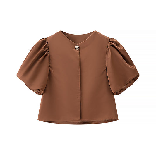 Viola | Elegant Satin Blouse Black Puff Sleeve Short Sleeve