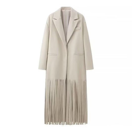 Vera | Longline Blazer Coat Cream Pleated Fringe