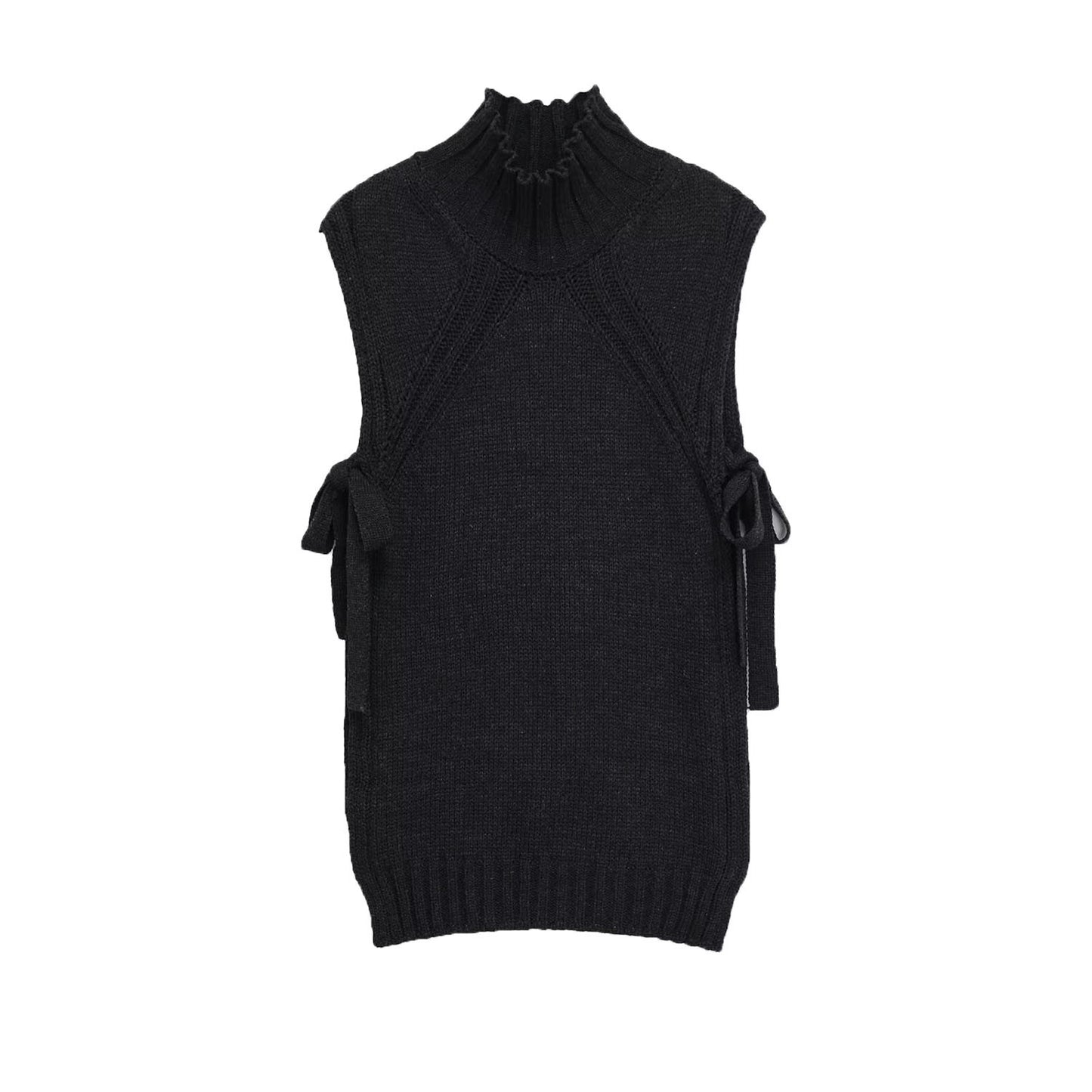 Vera | Sleeveless Ribbed Sweater Black Turtleneck Tie Side