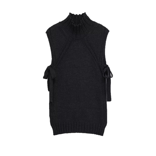 Vera | Sleeveless Ribbed Sweater Black Turtleneck Tie Side