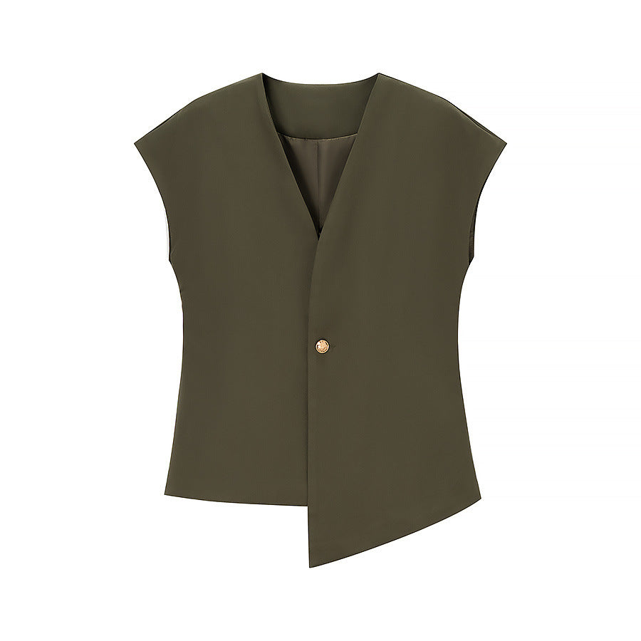 Thea | Asymmetric Button Up Vest Top Olive V Neck Sleeveless