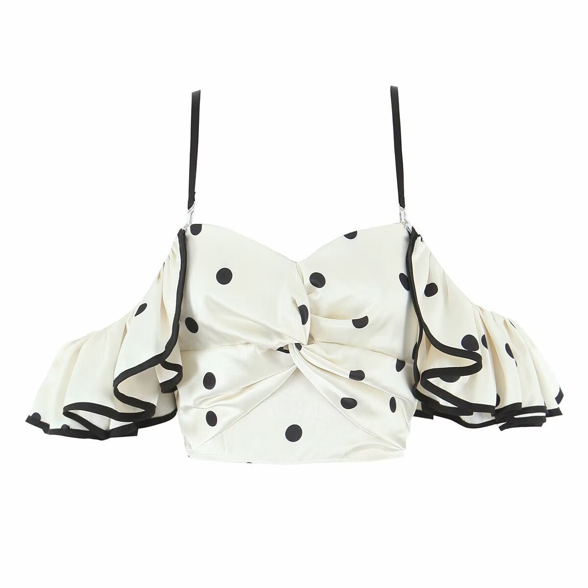 Celeste | Off Shoulder Top Black Satin Crop Polka Dot Ruched