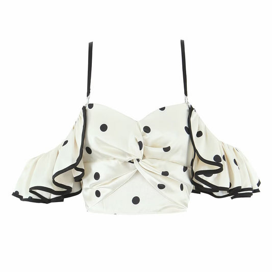 Celeste | Off Shoulder Top Black Satin Crop Polka Dot Ruched