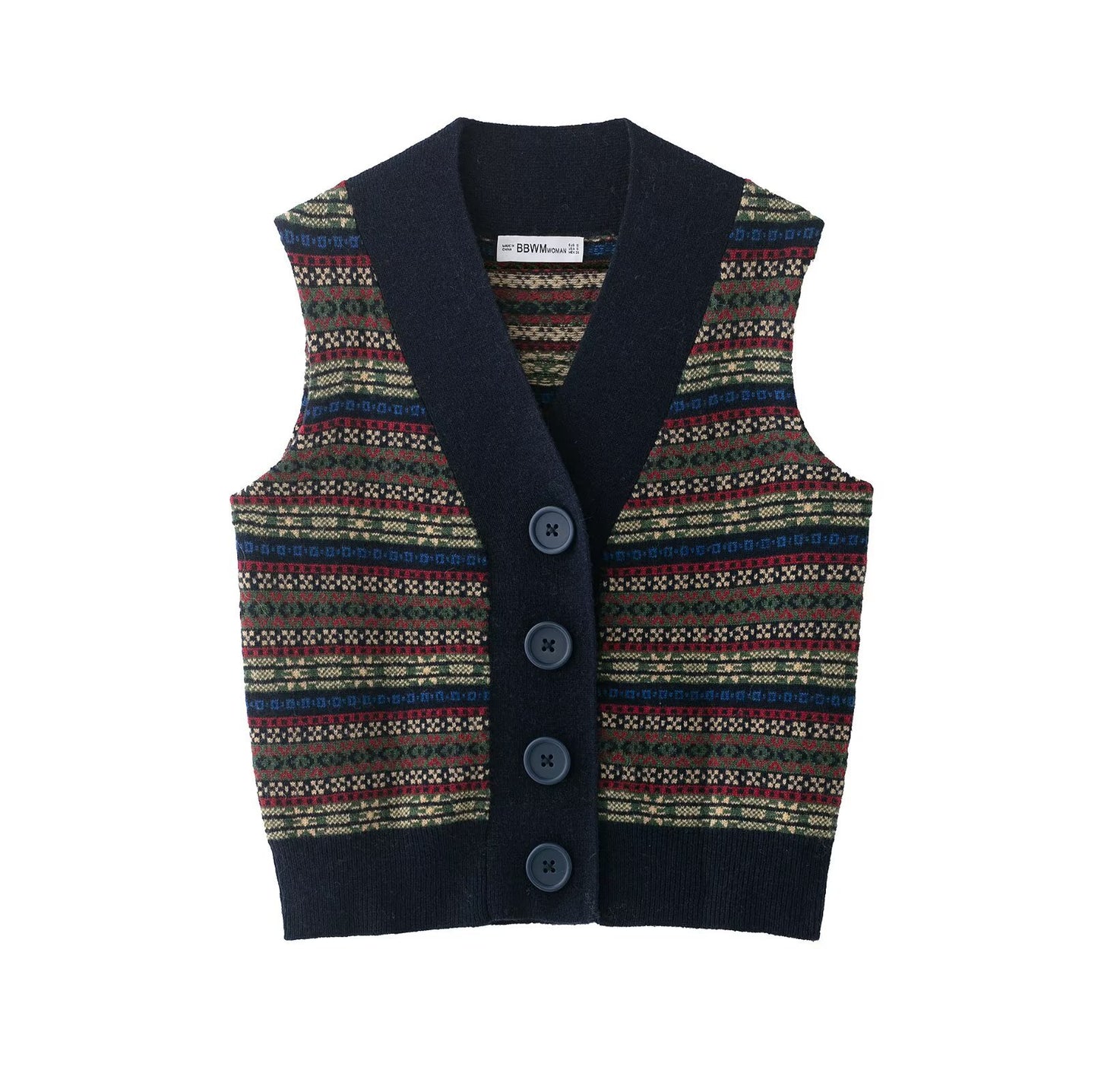 Sia | Knitted Vest Navy Fair Isle Print V Neck Sleeveless Buttoned