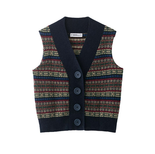 Margot | Vintage Fair Isle Sweater Vest Navy Multicolor Button Front