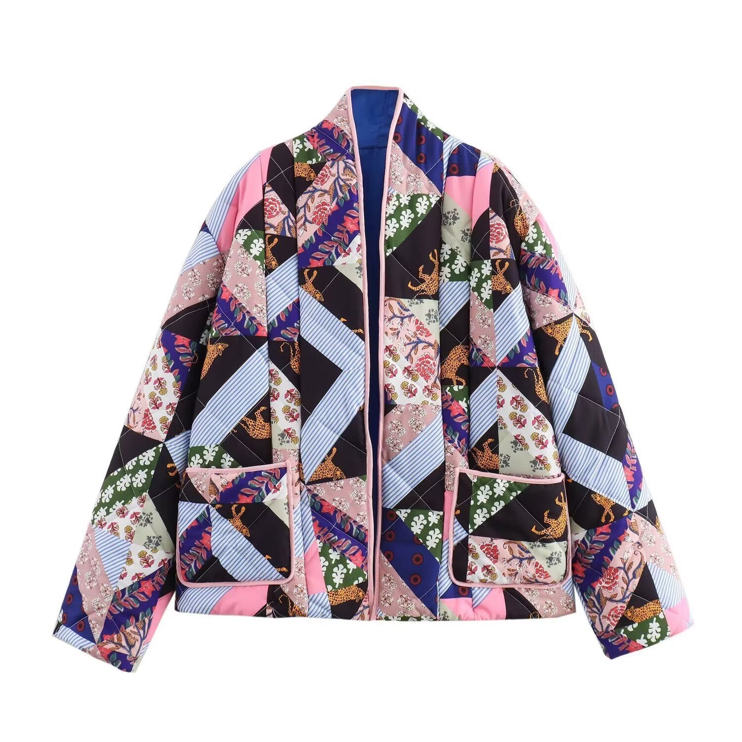 Tess | Quilted Jacket Patchwork Print Oversized Collarless Long Sleeve