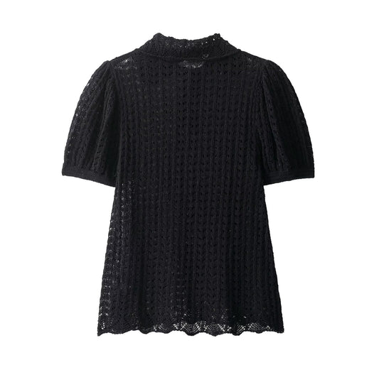 Amelia | Black Chic Crochet Knit Puff Sleeve Polo Top