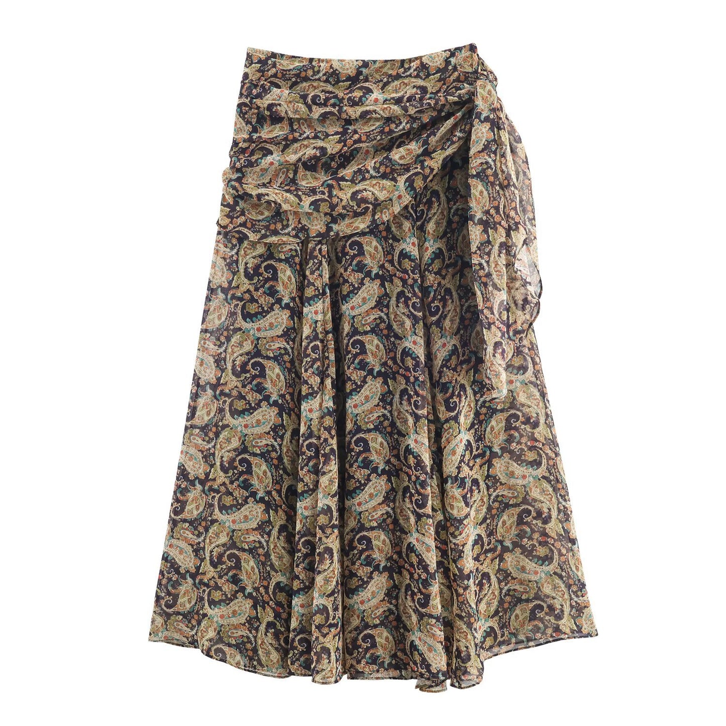 Wren | Wrap Midi Skirt Beige Paisley Print Chiffon