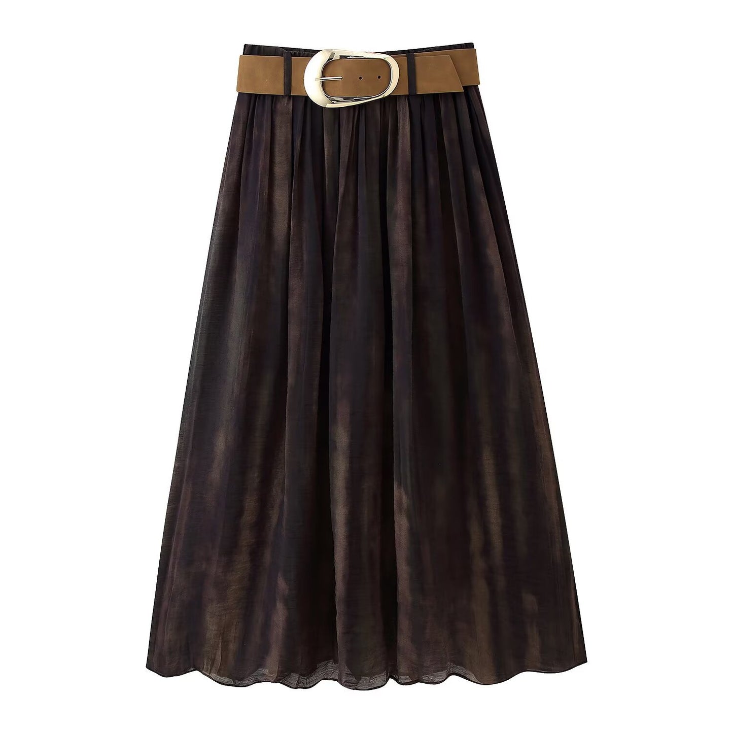 Tess | Pleated Midi Skirt Brown Belted A Line