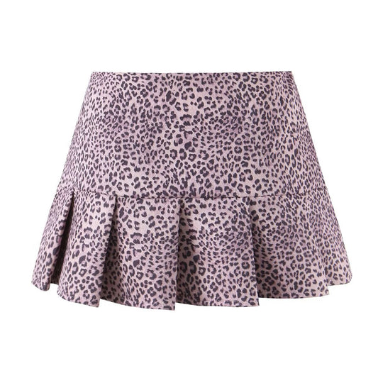 Rhea | Leopard Print Mini Skirt Brown Pleated Flared