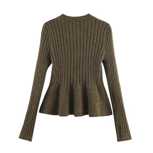 Arden | Knitted Cardigan Khaki Long Sleeve Peplum Ribbed Button Front