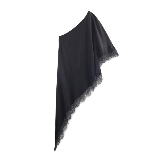 Tallulah | One Shoulder Top Cream Satin Lace Trim Asymmetric