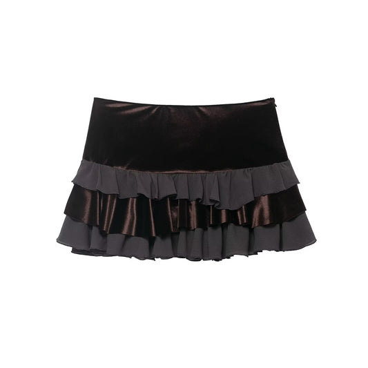 Jules | Mini Skirt Black Velvet Satin Ruffle Tiered