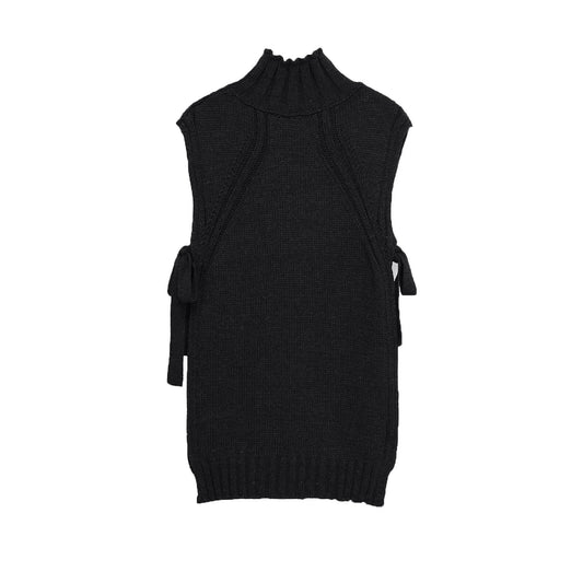 Vera | Sleeveless Ribbed Sweater Black Turtleneck Tie Side