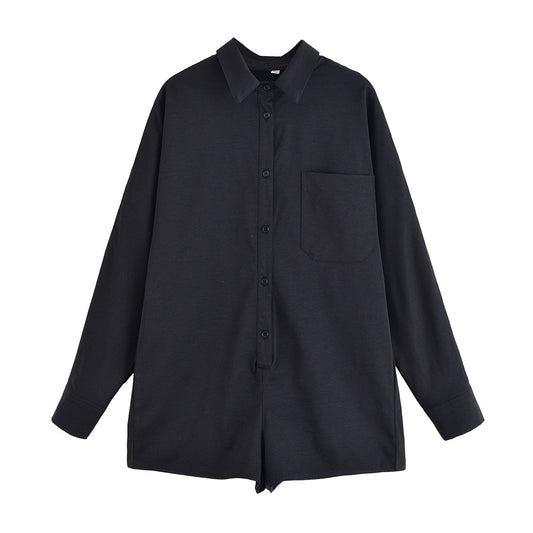 Bea | Casual Utility Button Romper Black Long Sleeve